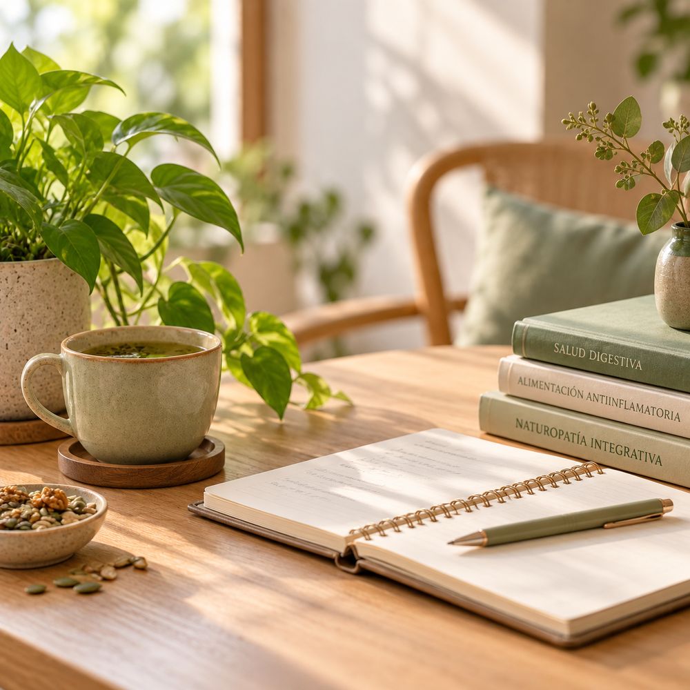 Mesa de consulta con libros de salud digestiva y alimentación antiinflamatoria